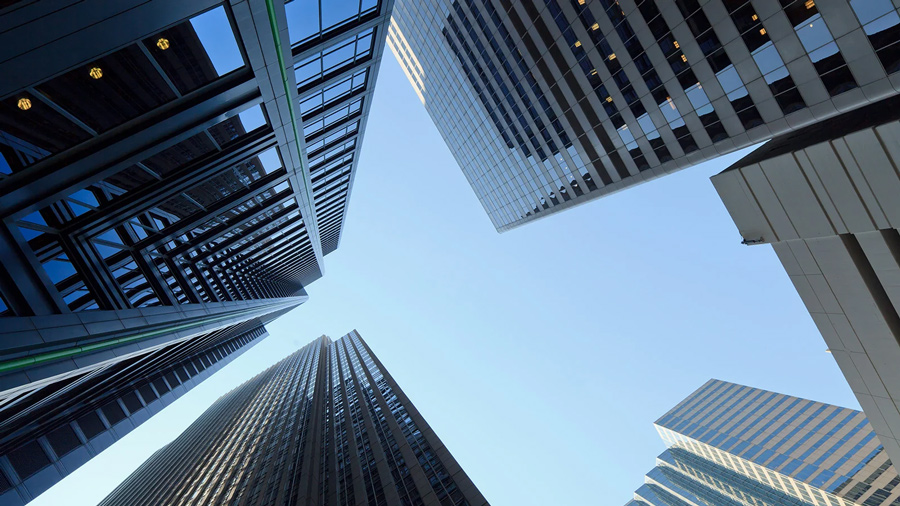 view of skyscrapers from below