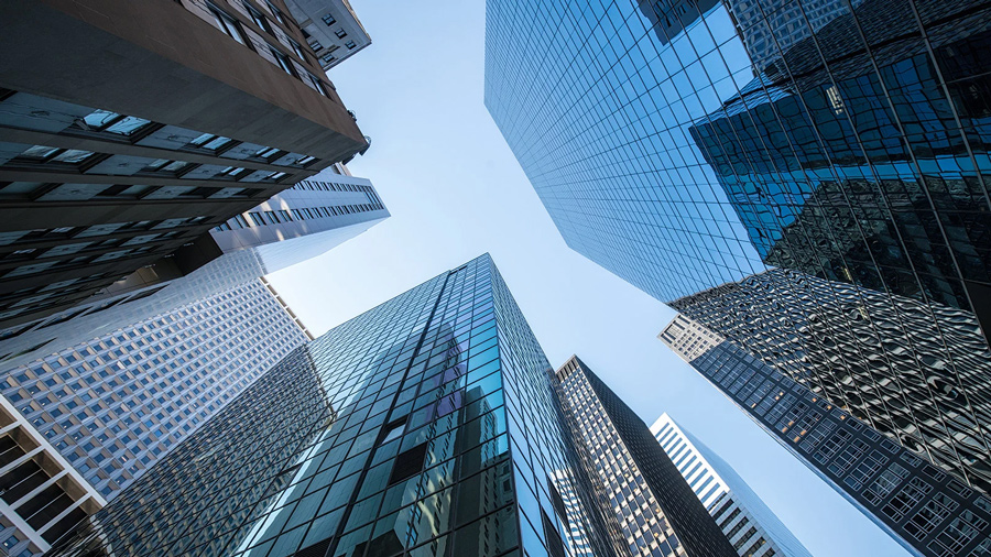 view of skyscrapers from below